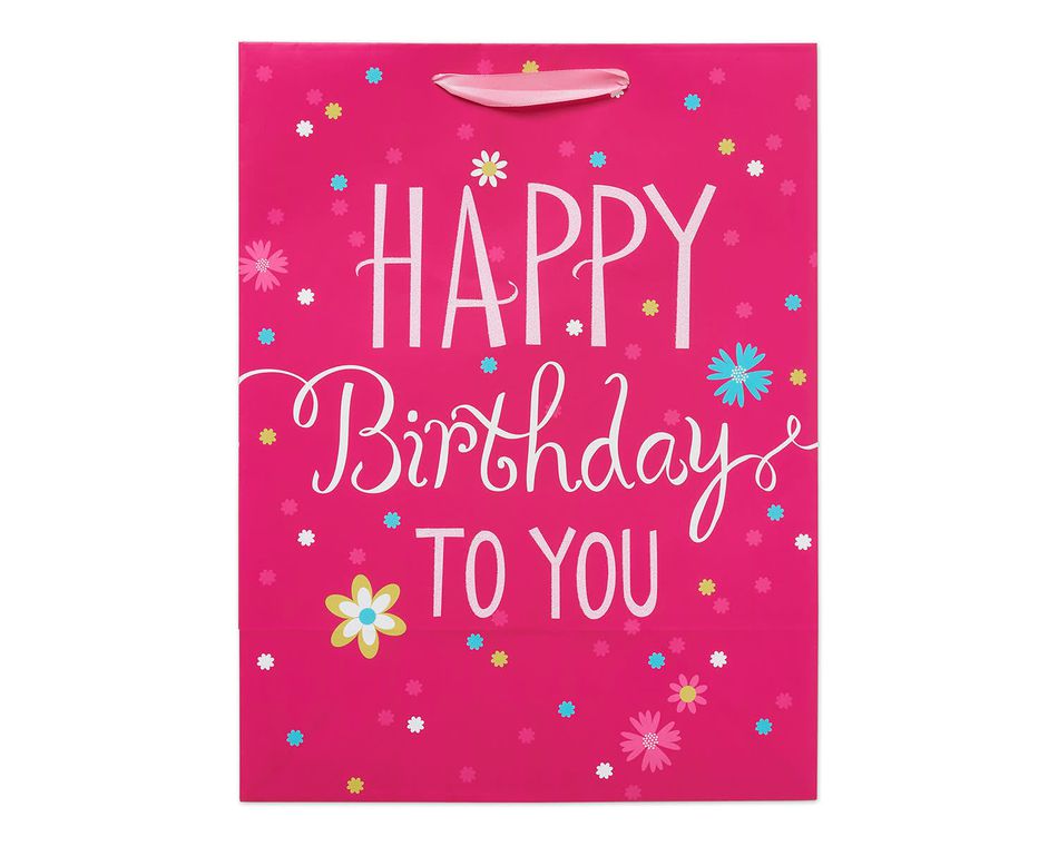 large pink happy birthday gift bag