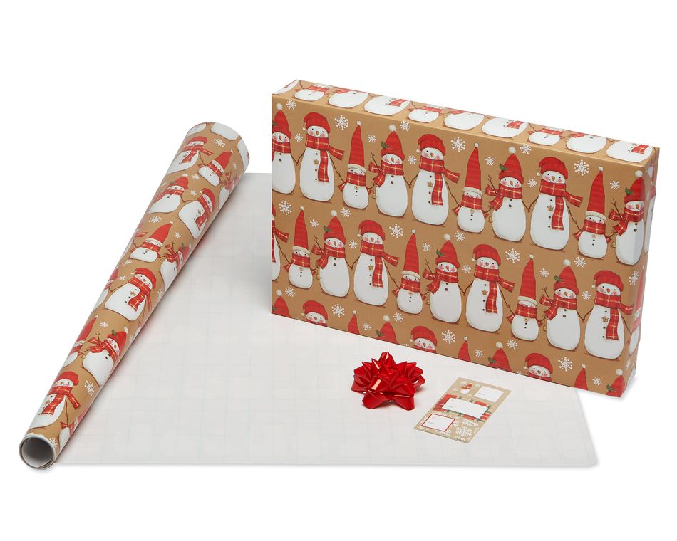 Christmas Wrapping Paper Ensemble with Bows and Gift Tags, Red, Green and Tan, Snowmen, Stripes, Plaid and Script, 4-Rolls, 41-Count