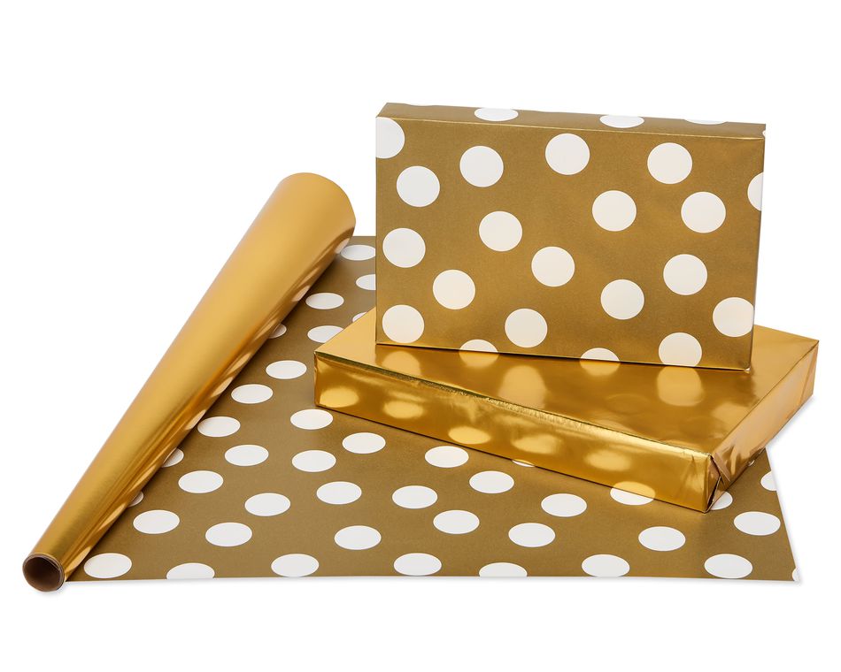 Christmas Reversible Wrapping Paper, Gold and Silver Plaid, Stripes, Polka Dot and Solids,  4-Rolls, 80 Total Sq. Ft.