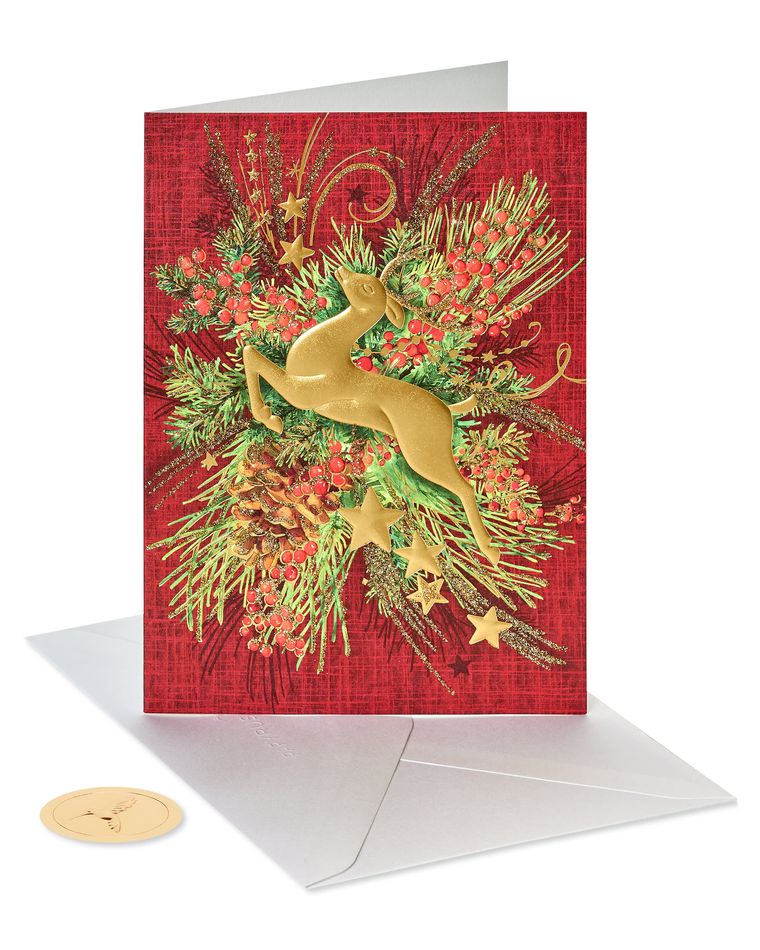 Gold Holiday Reindeer Forest Christmas Cards Boxed, 12-Count