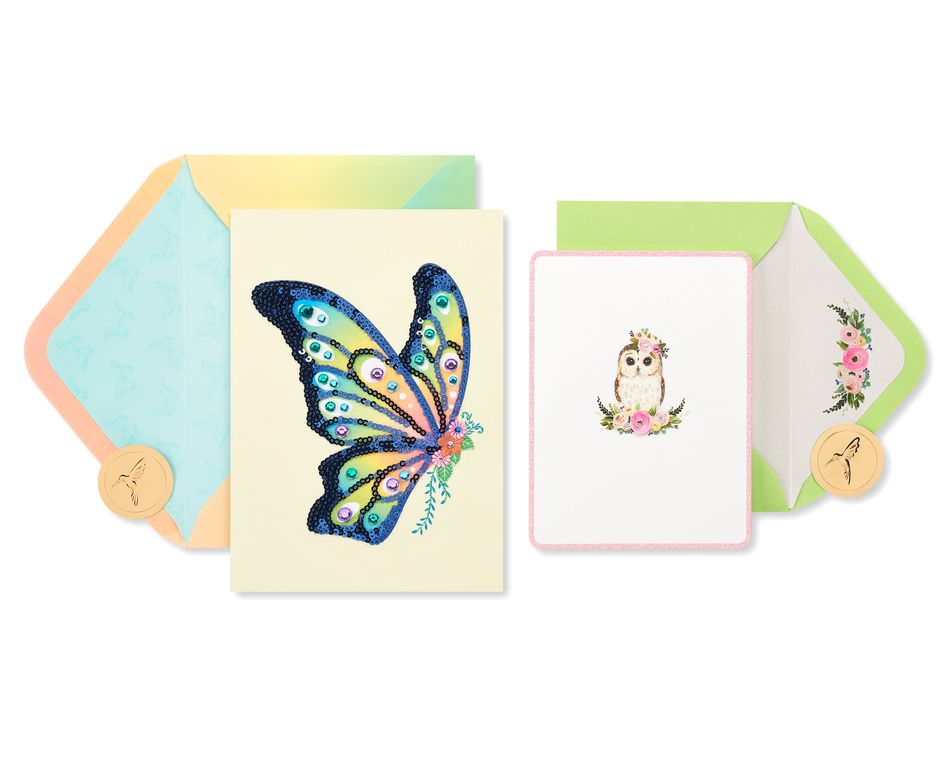 Butterfly and Owl Blank Greeting Card Bundle,  2-Count