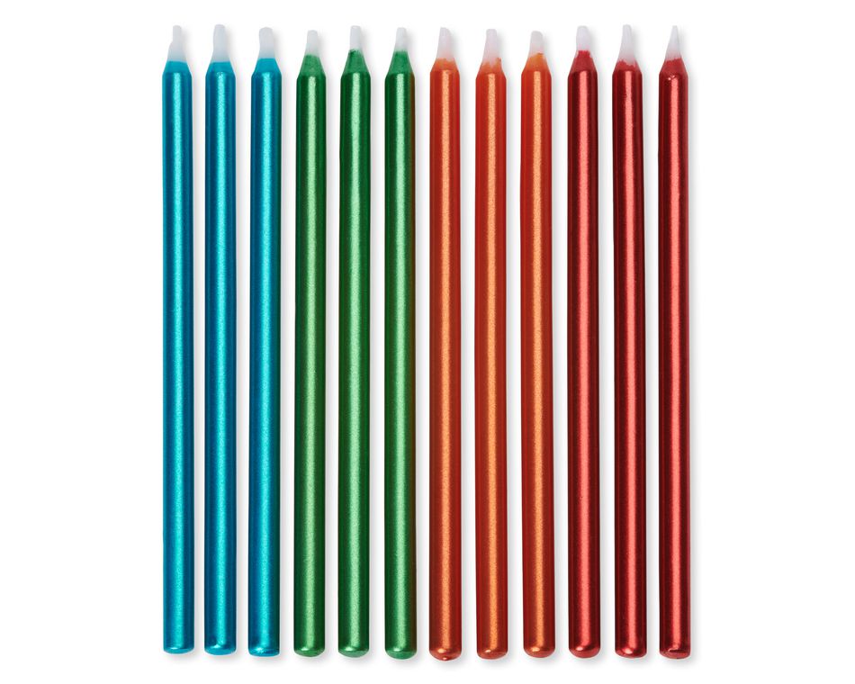 Birthday Candles Metallic Blue, Green, Orange and Red, 12-Count