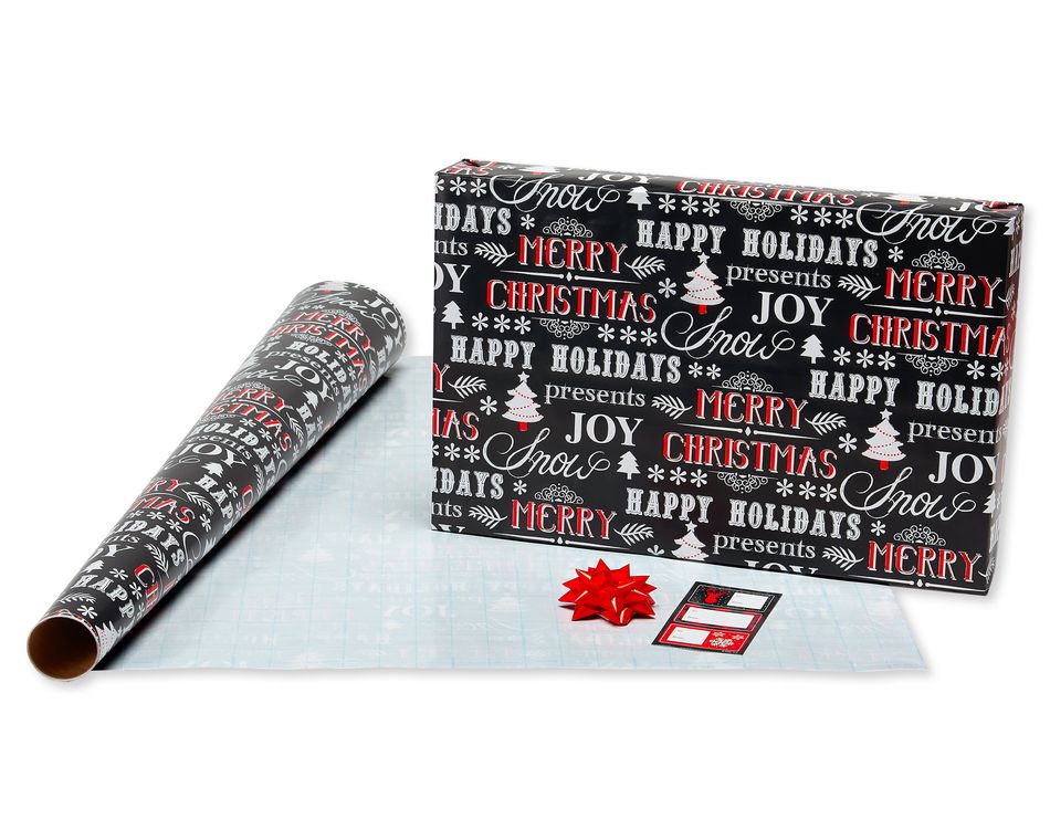 Christmas Wrapping Paper Ensemble with Bows and Gift Tags, Red, Black and White, Plaid, Script, Reindeer and Snowflakes, 41-Count