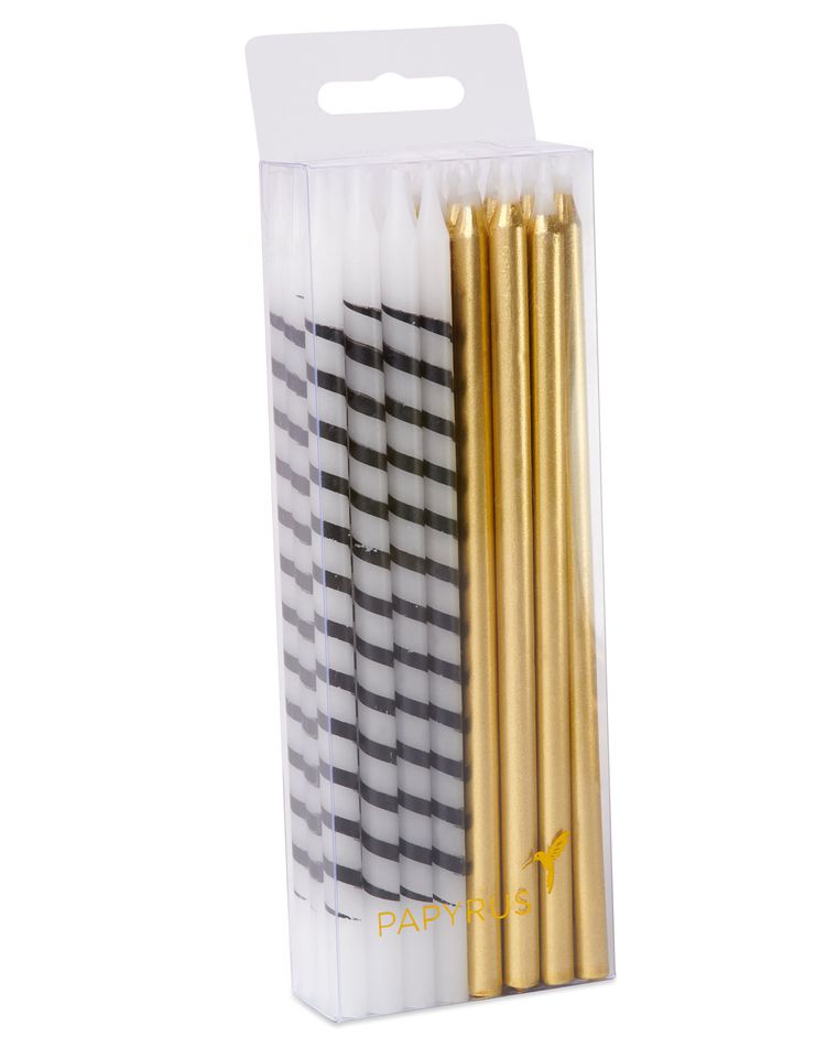 White and Black Stripe and Gold Birthday Candles, 24-Count