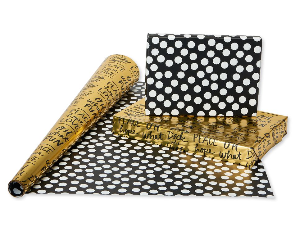 Christmas Foil Reversible Wrapping Paper, Black and Gold, Trees, Plaid, Script and Reindeer, 4-Roll, 30