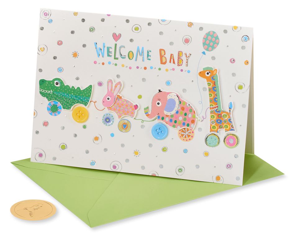 Critter Pull Along New Baby Greeting Card 