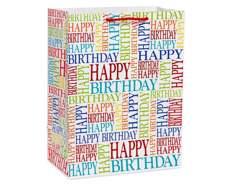 Happy Birthday Text with Red Glitter Medium Gift Bag