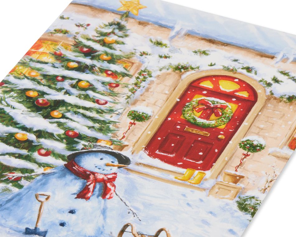 Snowman Outside Red Front Door Christmas Boxed Cards, 14 Count