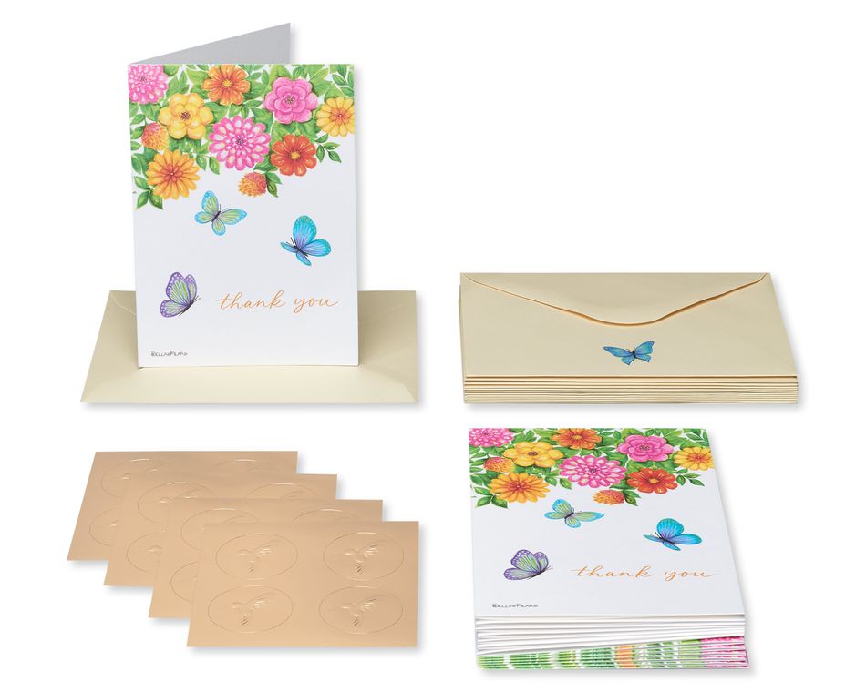 Butterflies & Flowers Boxed Blank Thank You Cards with Envelopes - Designed by Bella Pilar, 14-Count