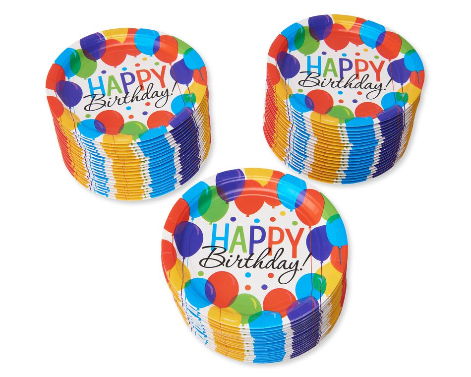 Happy Birthday Balloon Paper Dinner Plates, 60-Count