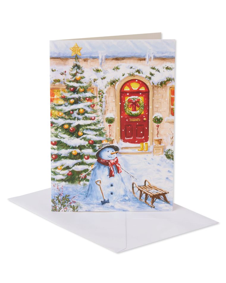 Snowman Outside Red Front Door Christmas Boxed Cards, 14 Count