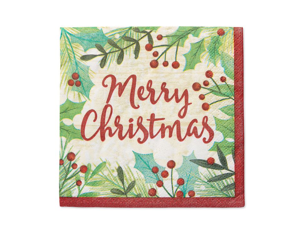 Merry Christmas Holly 16-Count Lunch Napkins