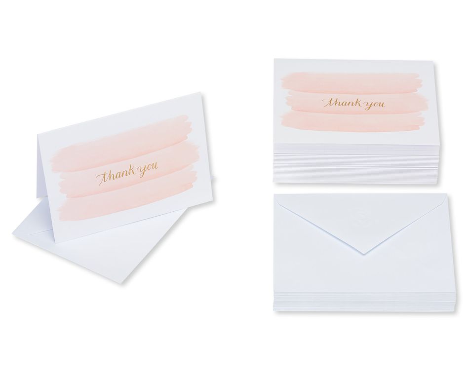 Pink Gold and Pink Brush Thank-You Cards and White Envelopes, 50-Count