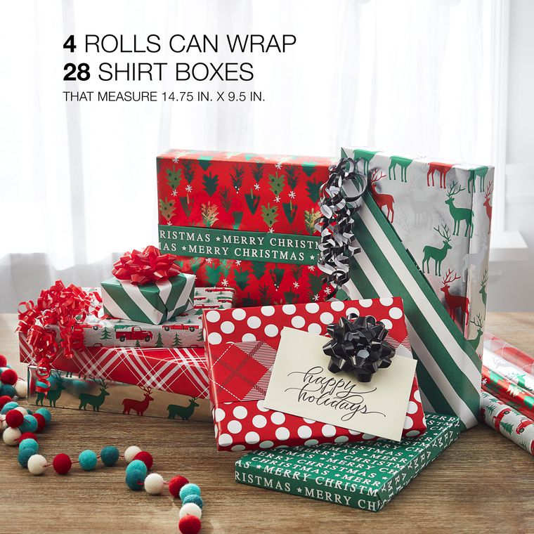 Christmas Reversible Wrapping Paper, Stripes, Polka Dots, Plaids, Reindeer, Retro Trucks, Trees and Christmas Lettering, 4-Rolls, 120 Total Sq. Ft.