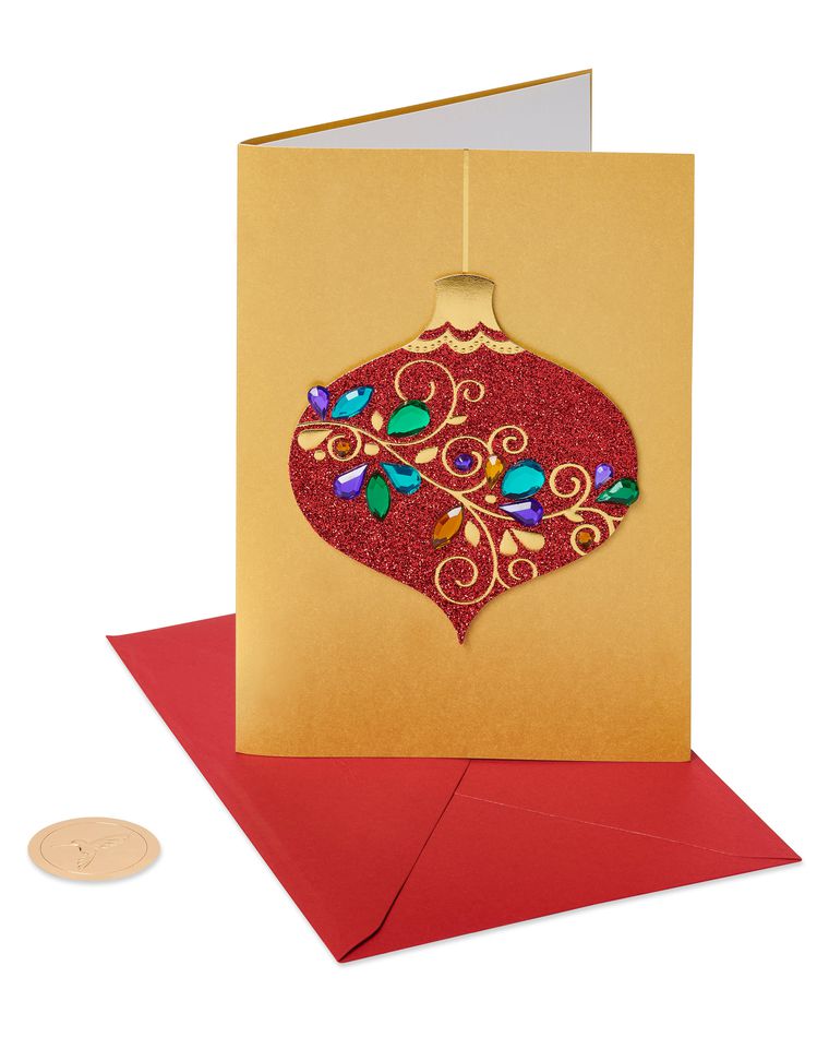 Red Glitter Holiday Ornament Christmas Cards Boxed, 8-Count