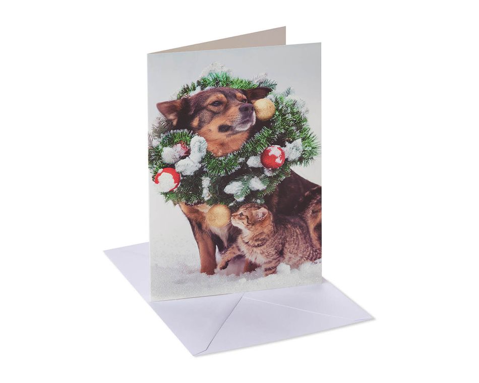 Dog and Cat Christmas Wreath Boxed Cards and White Envelopes, 12-Count