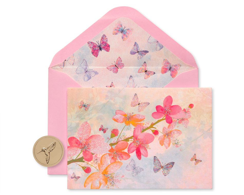 Scattered Blossoms Boxed Blank Note Cards with Glitter and Envelopes, 12-Count