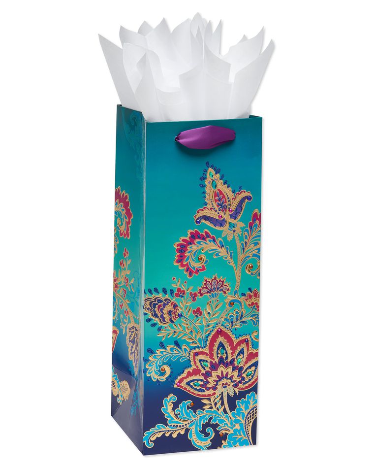 Floral Beverage Gift Bag with White Tissue Paper, 1 Gift Bag and 4 Sheets of Tissue Paper