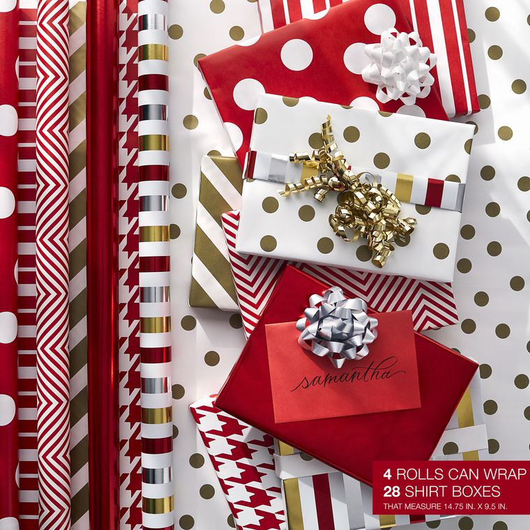 Christmas Reversible Wrapping Paper, Red and Gold, Polka Dot, Stripe ...