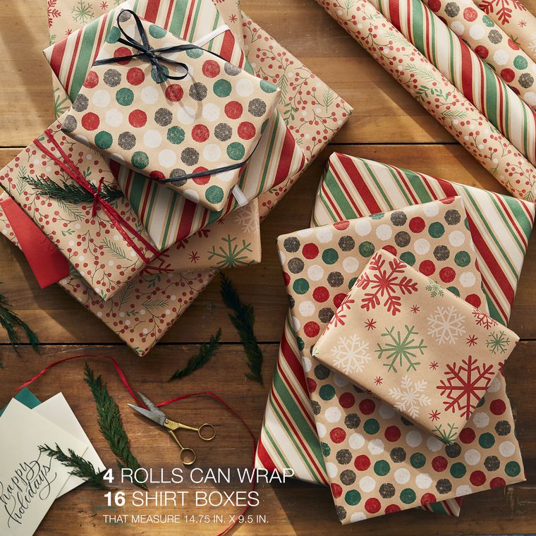 Download Christmas Reversible Wrapping Paper Red Green And Kraft Snowflakes Polka Dots Stripes And Holly 4 Rolls 80 Total Sq Ft American Greetings Yellowimages Mockups