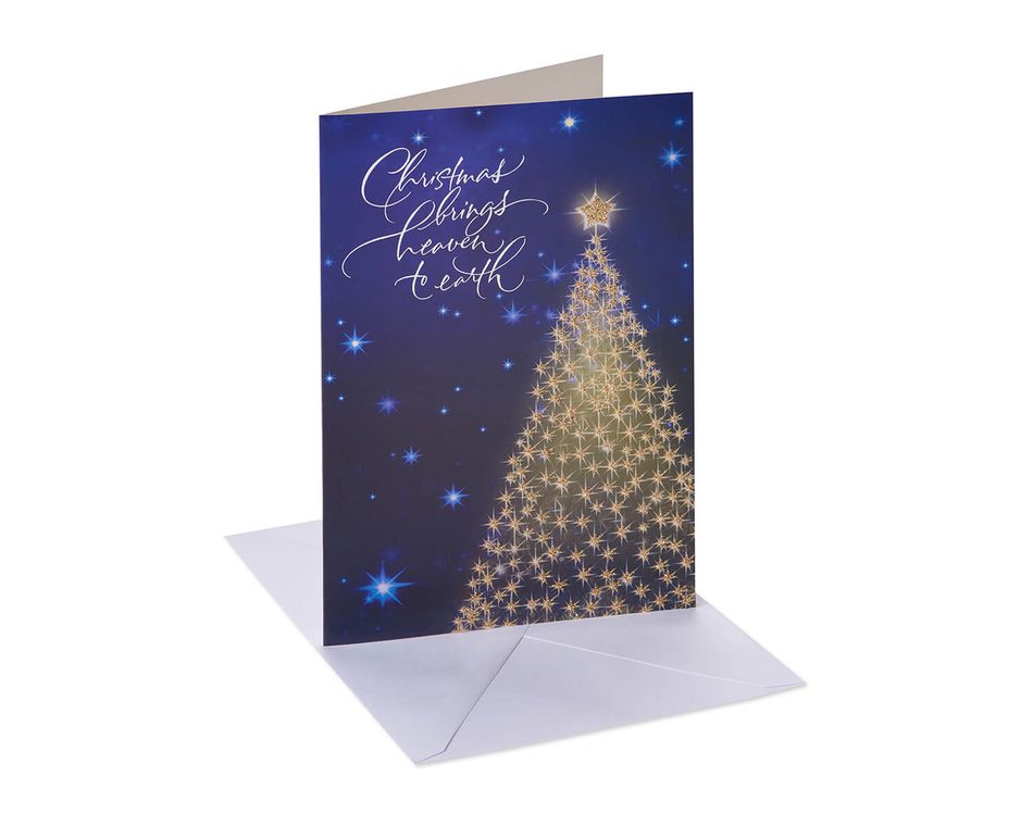 Gold Glitter Christmas Tree Religious Boxed Cards and White Envelopes