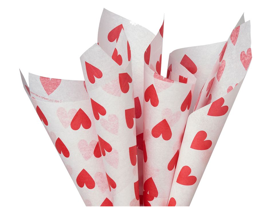 White Tissue Paper With Red Hearts, 6 Sheets 