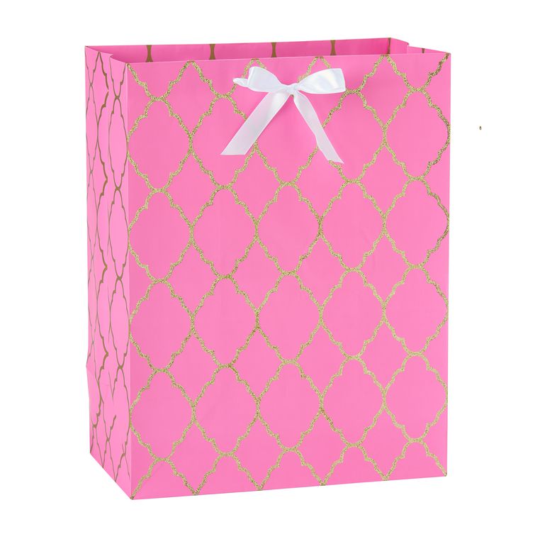 medium pink and gold glitter trellis gift bag