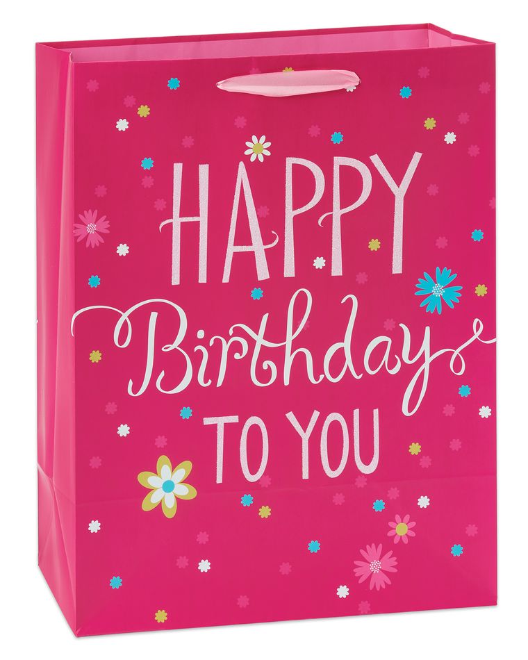 large pink happy birthday gift bag