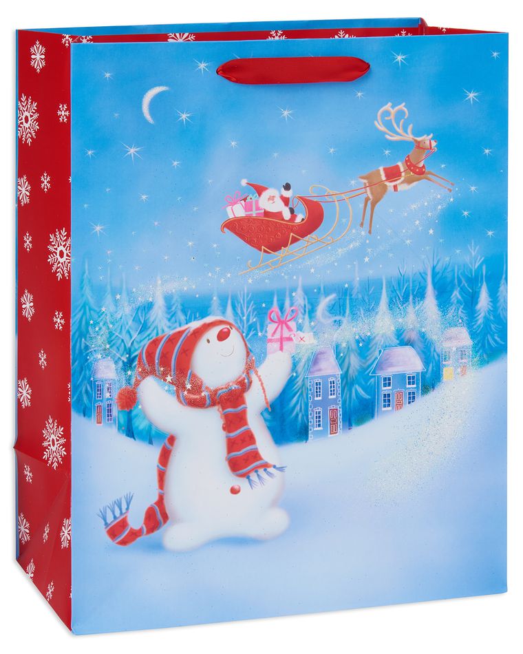 medium snowman and santa's sleight christmas gift bag