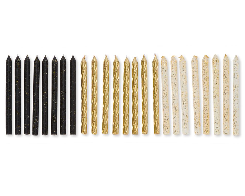 Traditional Birthday Candles Birthday Gold Glittered Black, White And