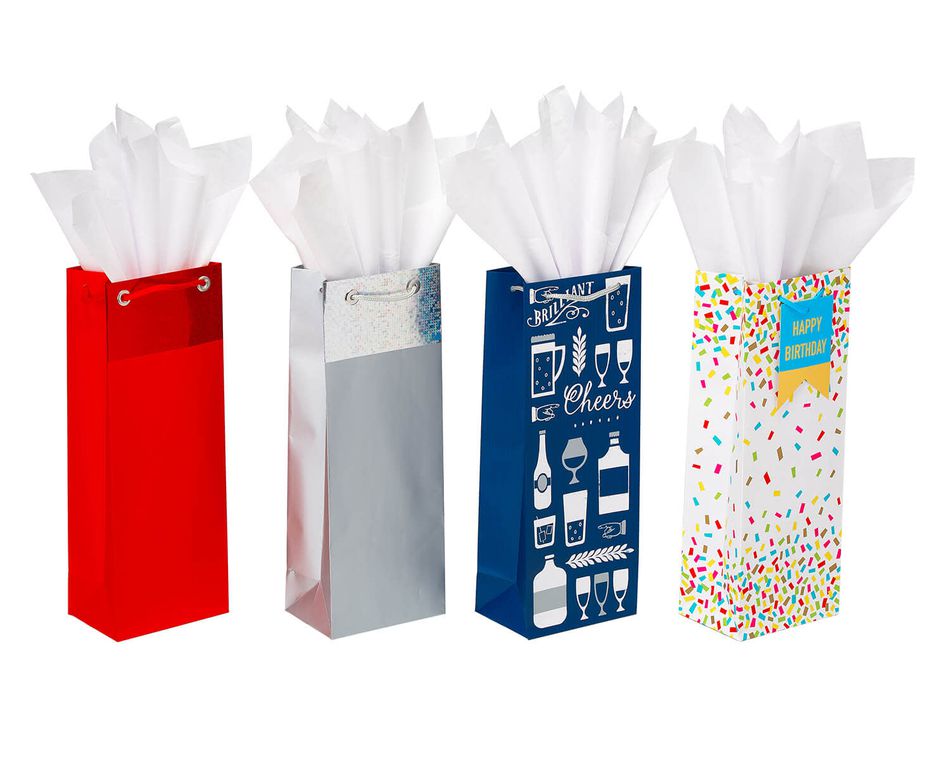 Assorted Wine Bag and Tissue Paper Bundle 4 Bags 15 Sheets of Tissue