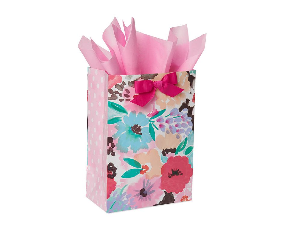 Medium Painted Floral Gift Bag With Tissue Paper; 1 Gift Bag And 6