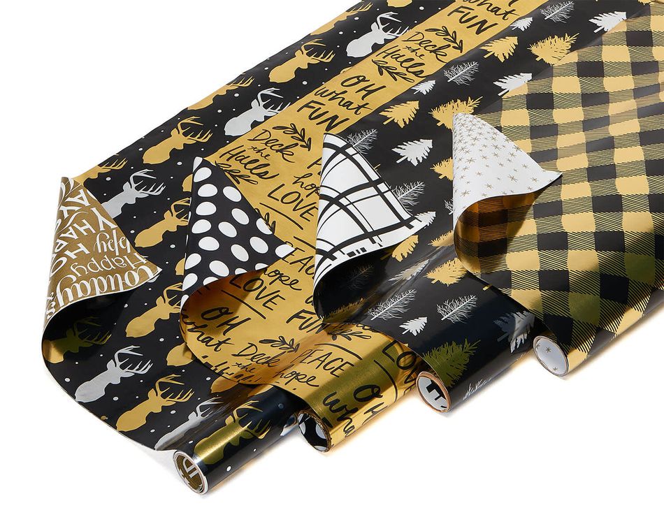 Christmas Foil Reversible Wrapping Paper, Black And Gold, Trees, Plaid